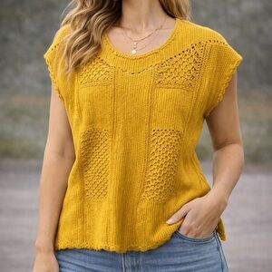 Ces Femme Mustard Knit Sweater Top | Boho Textured Sleeveless | Size L/XL